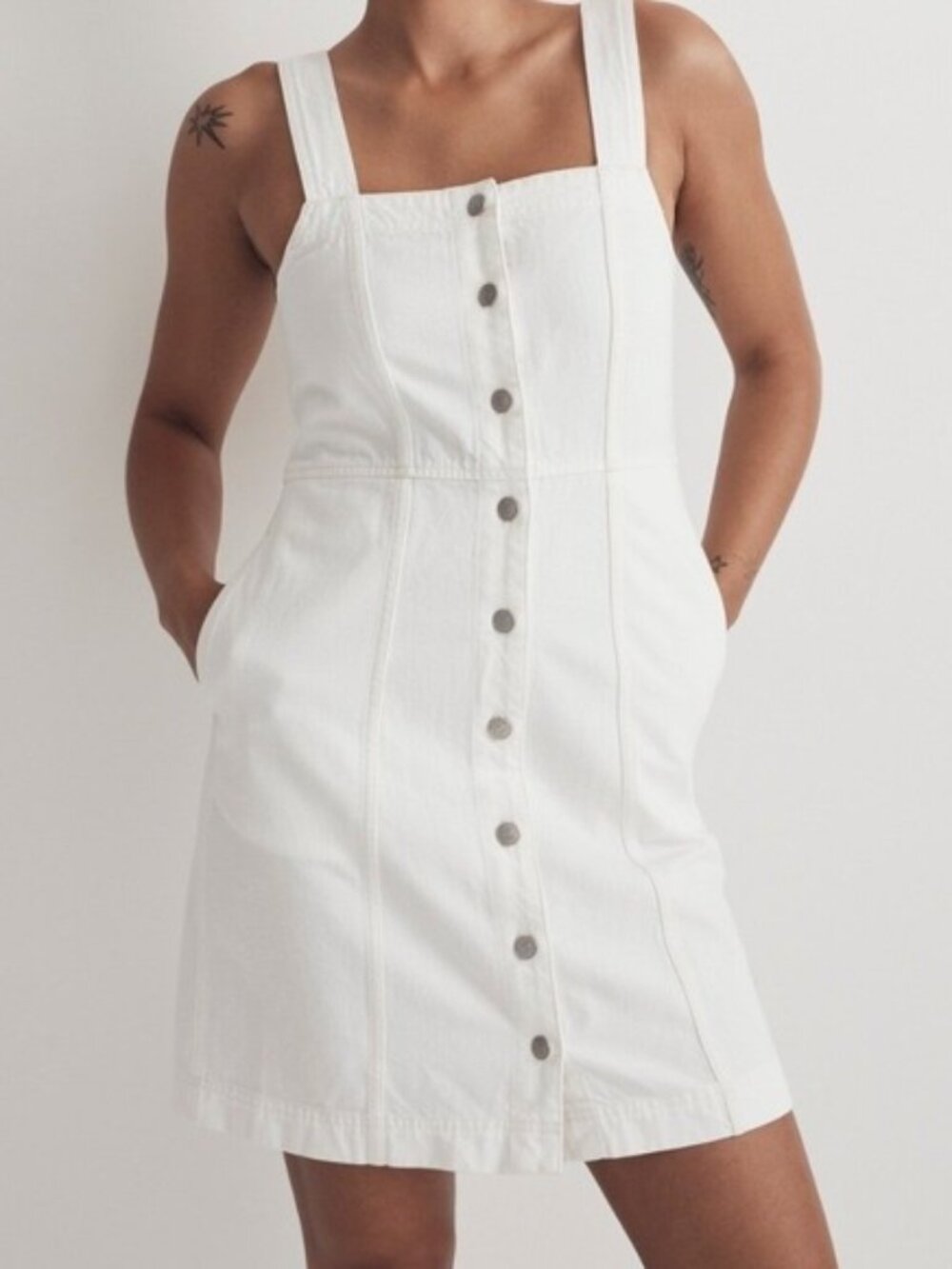 Madewell White Denim‎ Square Neck Button Front Tank Mini Dress Size 12
